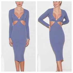 Fleur du Mal Cut Out Knit Dress Smoke Blue Small S EUC Midi Stretch Long Sleeve